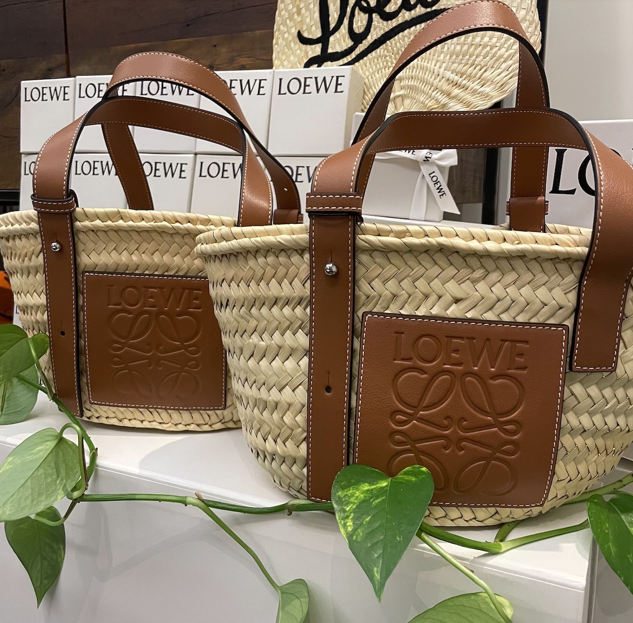 LOEWE かごバッグ スモール バスケット ストロー レザー