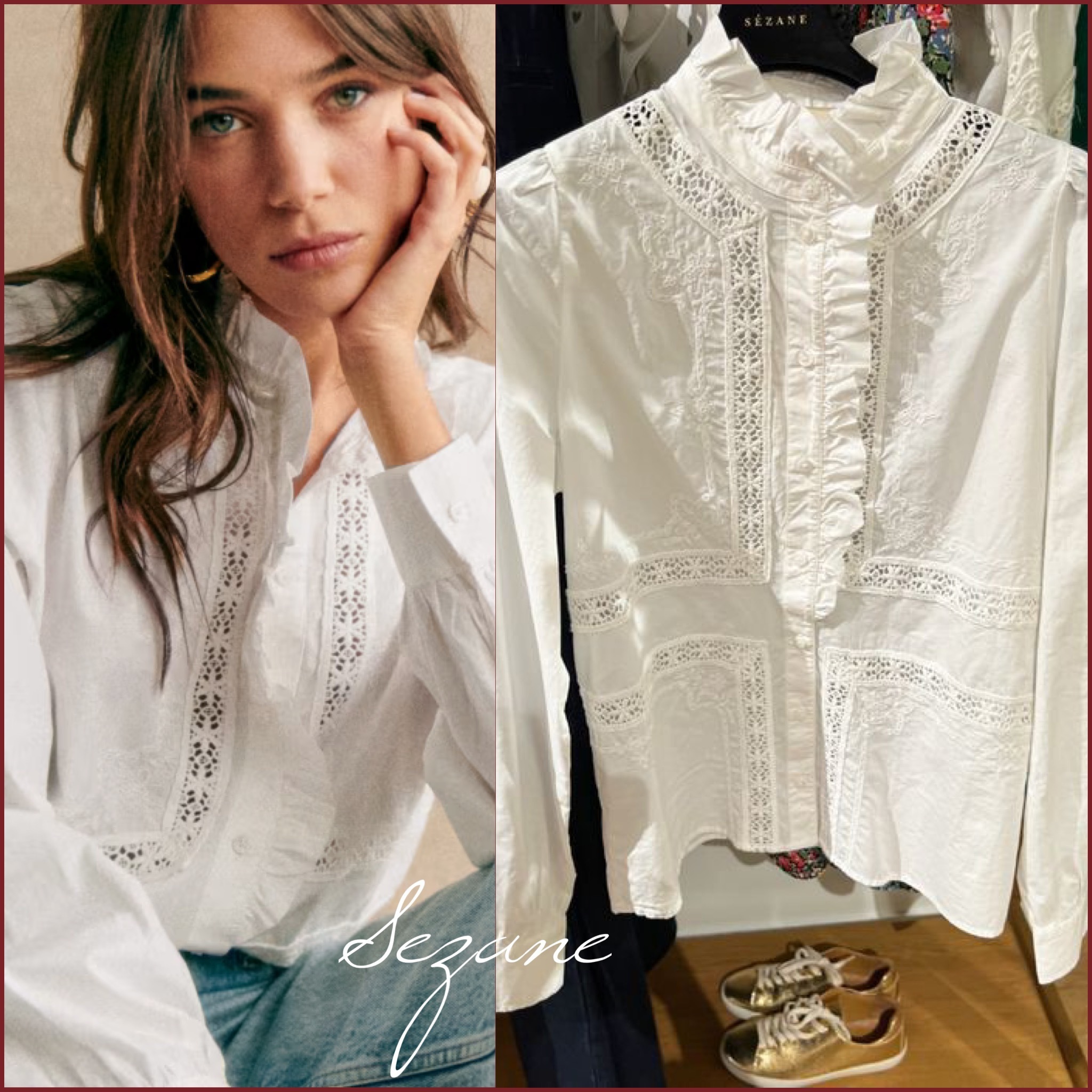 安心の関税込み】セザンヌ 可愛 フリル＆刺繍 シャツ ブラウス (SEZANE