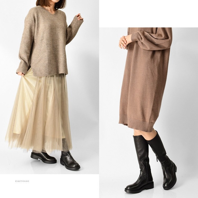 ストレッチ ロングブーツ 本革 厚底 サイドファスナー (Vittorio