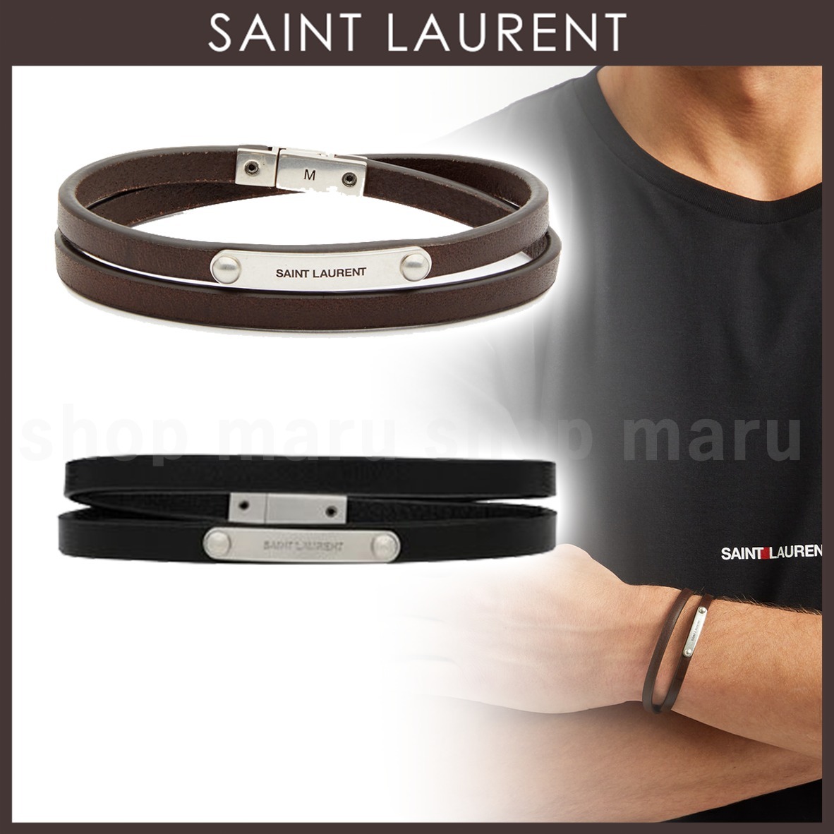 SAINT LAURENT◇レザーとメタルのダブルラップ ID ブレスレット (Saint