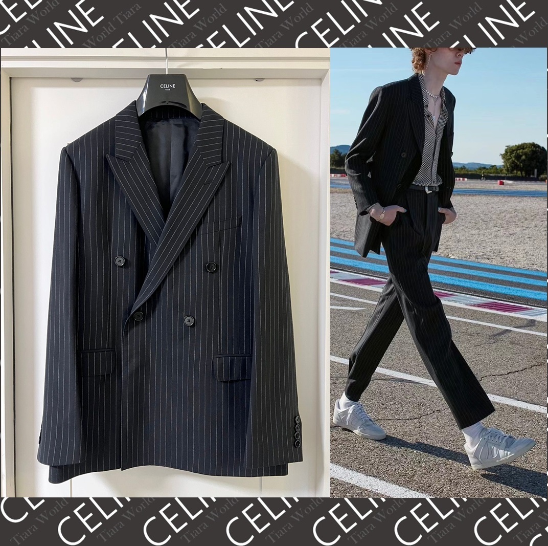 CELINE◇ダブルブレス ストライプ ウールジャケット 濃いグレー