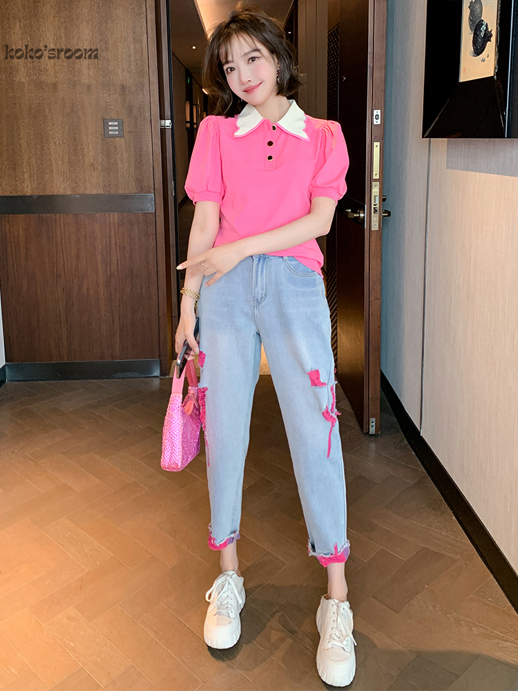 ダメージ デニム ピンク クラッシュ加工 ジーンズ (デニム・ジーパン