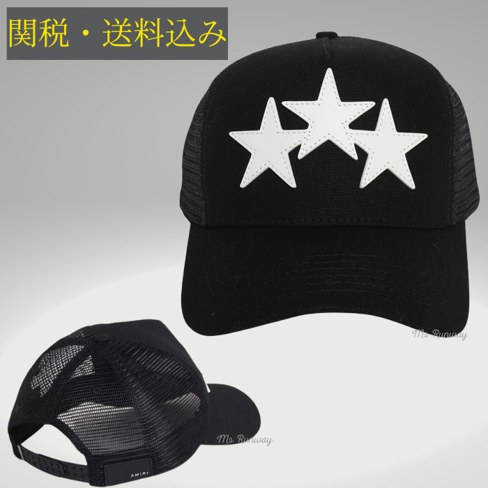 関税送料込【AMIRI】アミリ スリースターメッシュキャップ 黒+白