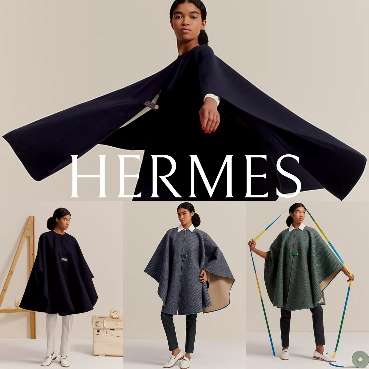 秋冬*HERMES*ウール&カシミヤ ポンチョ マントコート ワンサイズ