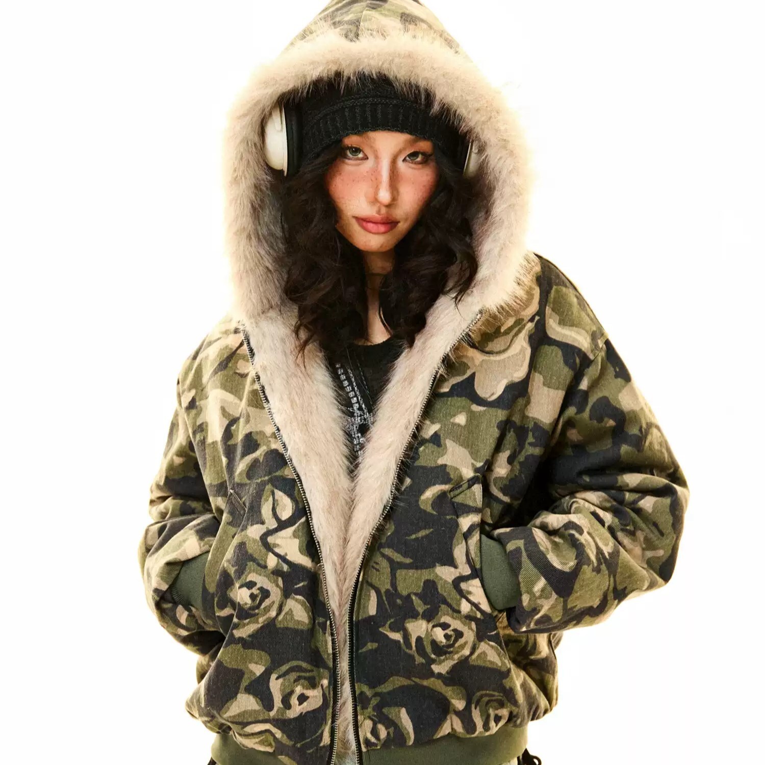 迷彩柄 ファーフード付き コットン ジャケット カジュアル ラフ