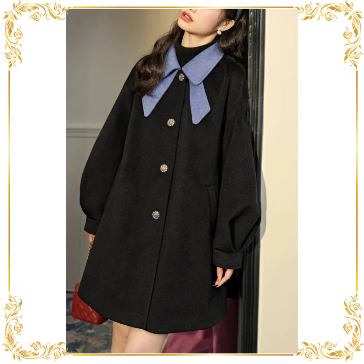 KUOSE ショート リボン 長袖 ボウカラーコート ブラック*関送込 (KUOSE