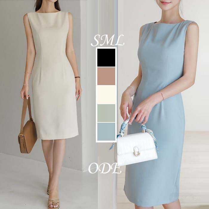 ノースリーブワンピース シンプル無地 膝丈 タイトワンピ 式典 (ODE