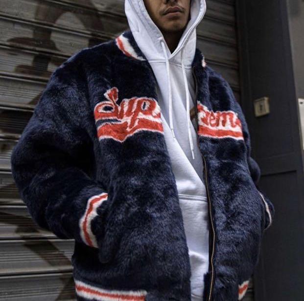 Supreme Faux Fur Varsity Jacket Navy シュプリーム スタジャン