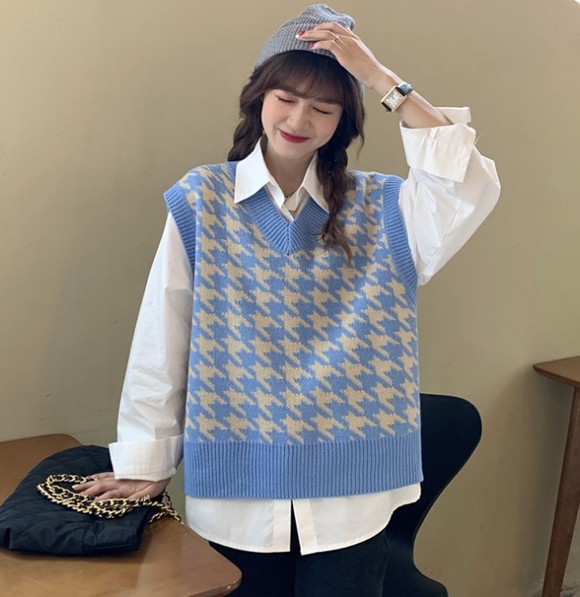 ベスト セーター ニット 千鳥格子柄 オーバーサイズ 韓国 全2色