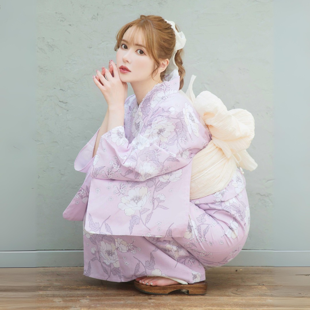 国内発送/浴衣3点setピンクパープル×ホワイト花柄/紫白かわいい (浴衣