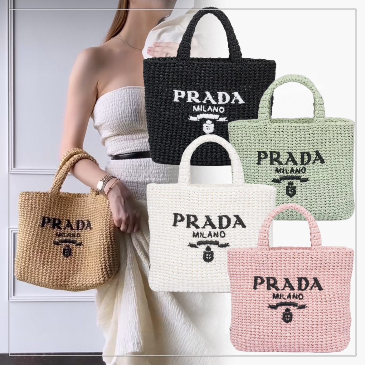 大注目】PRADA◇ラフィア メッシュ編み スモール トートバッグ (PRADA