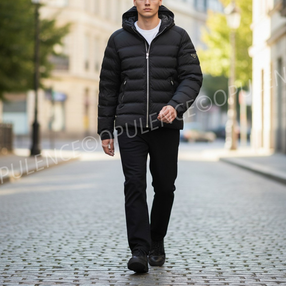 PRADA プラダ セール 人気 ロゴ フード ダウン コート メンズ 黒