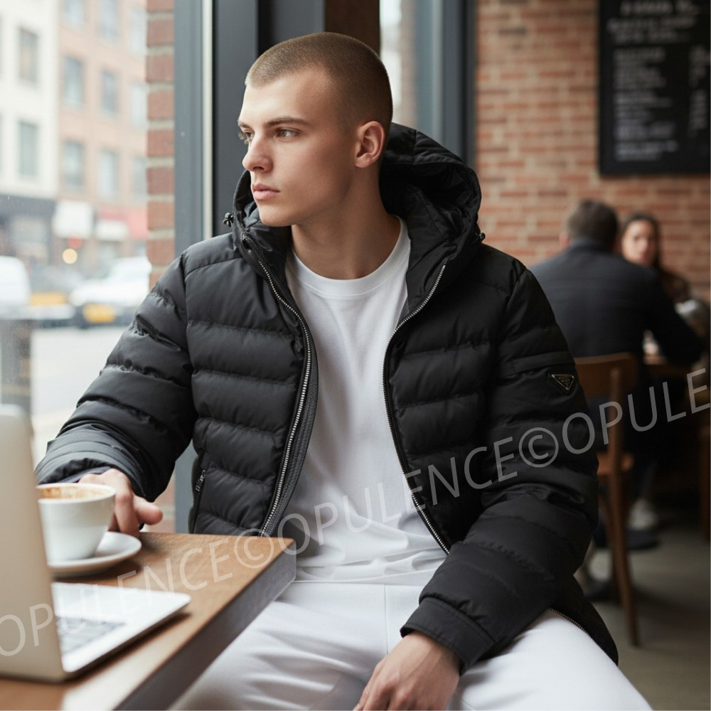 PRADA プラダ セール 人気 ロゴ フード ダウン コート メンズ 黒