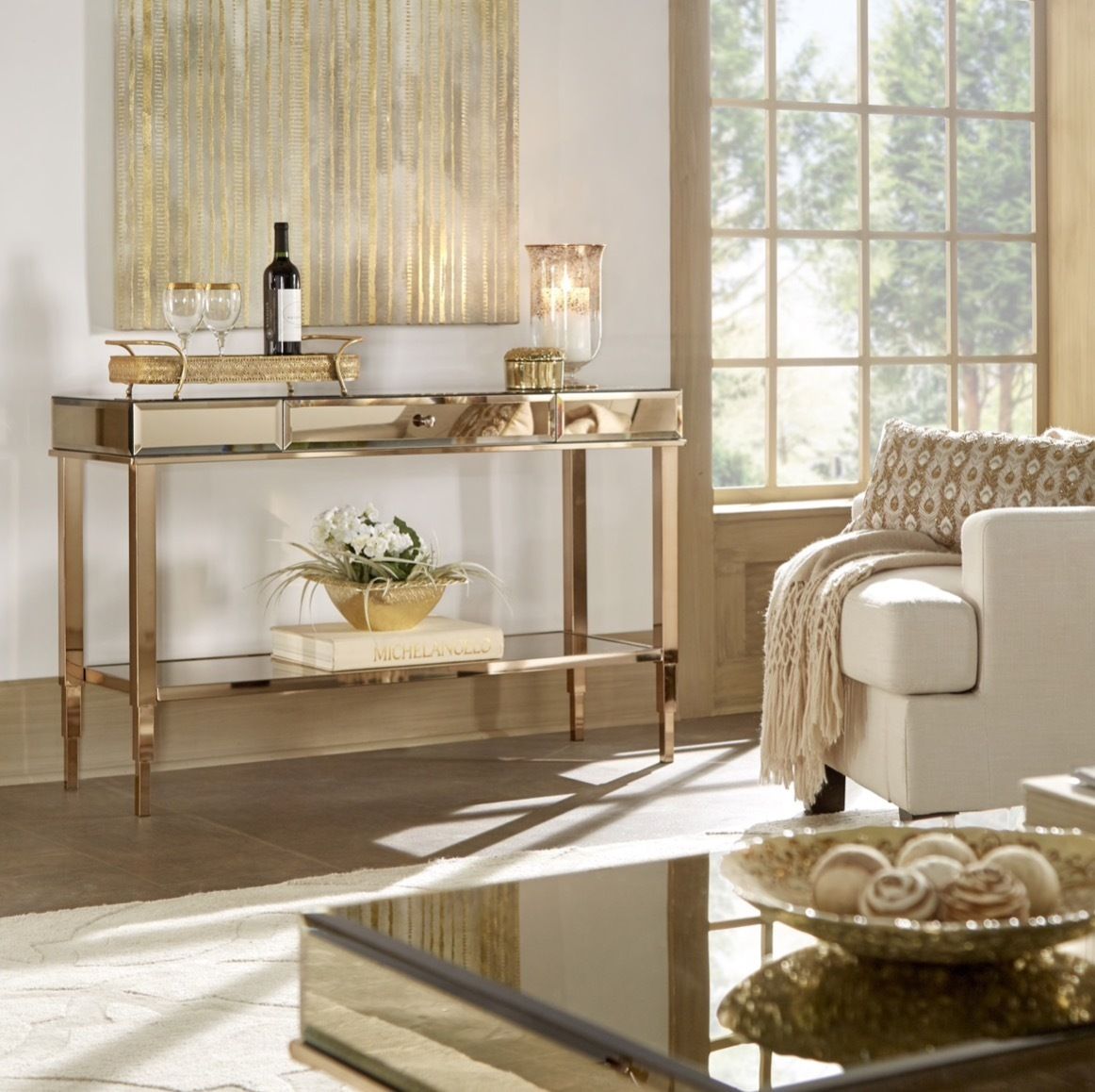 速達でお届け☆エレガントなミラーコンソールテーブル 2色あり (机