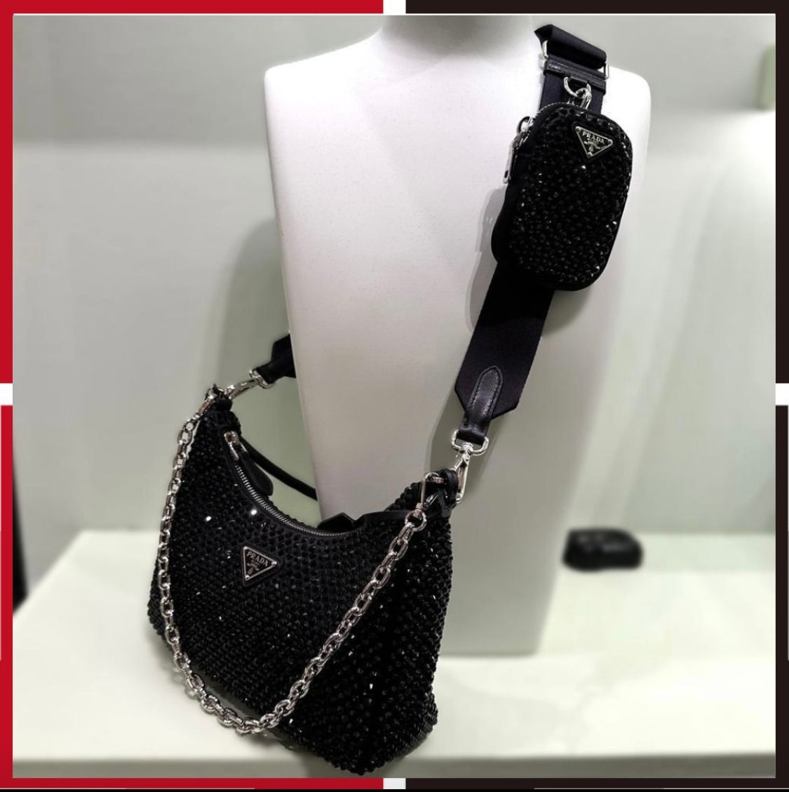 PRADA ショルダーバッグ 黒 ビジュー お洒落ポーチ付 Re-Edition