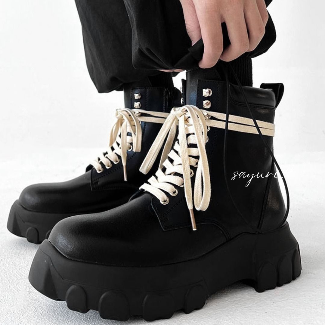 厚底 ハイカット ブーツ シューズ ショート ブラック (ブーツ