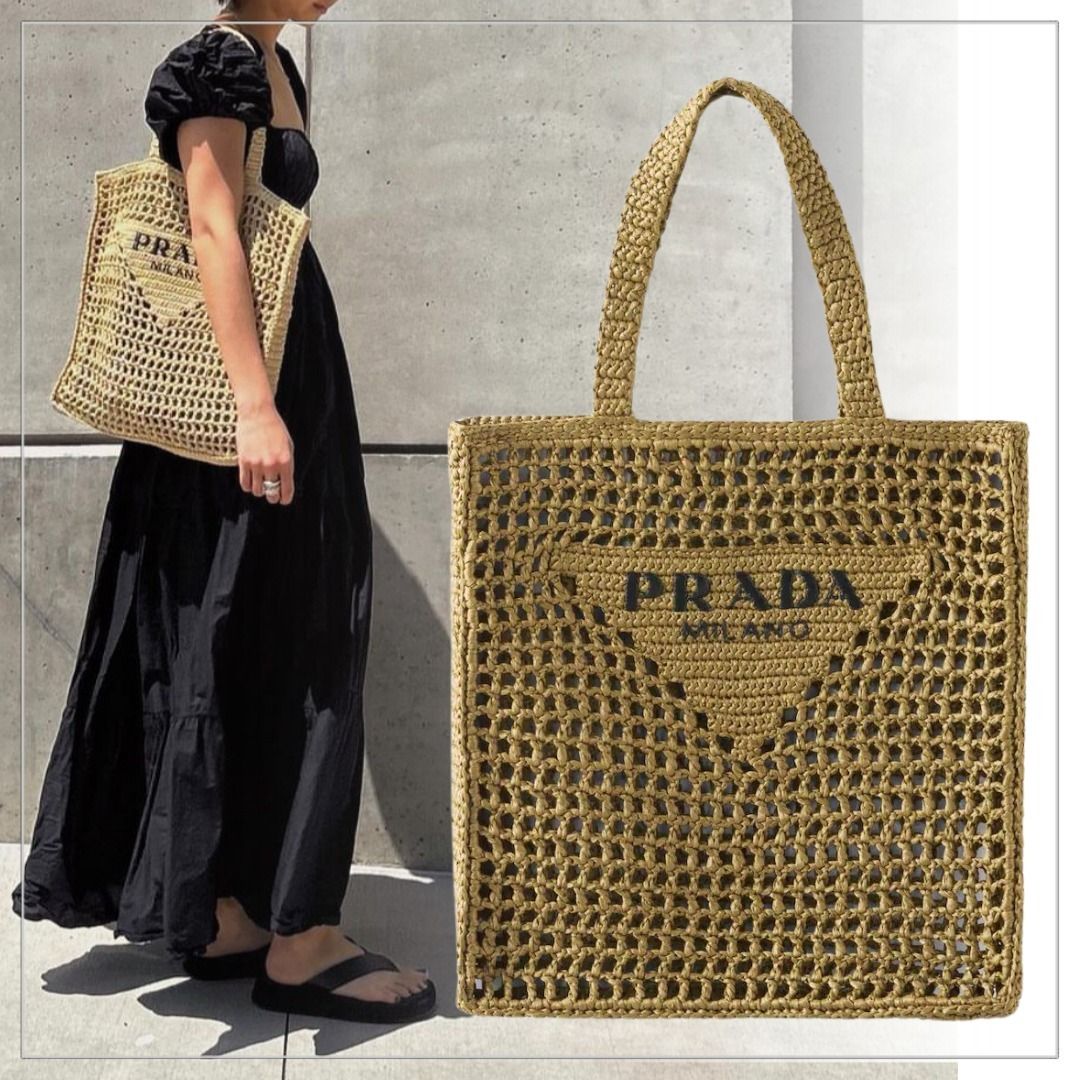 大人気】PRADA◇ラフィア メッシュ編み トートバッグ ロゴ付き (PRADA