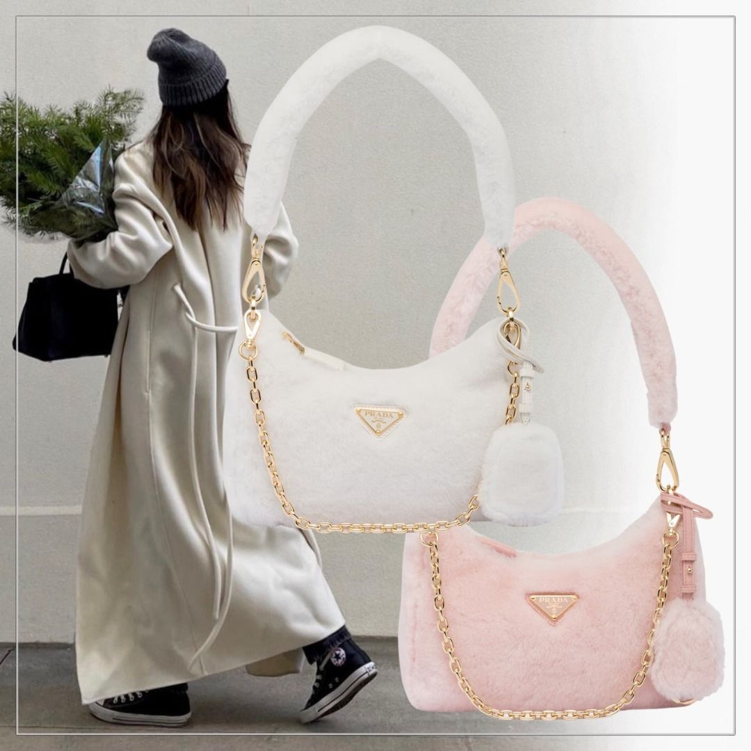 もこもこ】PRADA◇シープスキン ミニ ホーボーバッグ ロゴ付き (PRADA