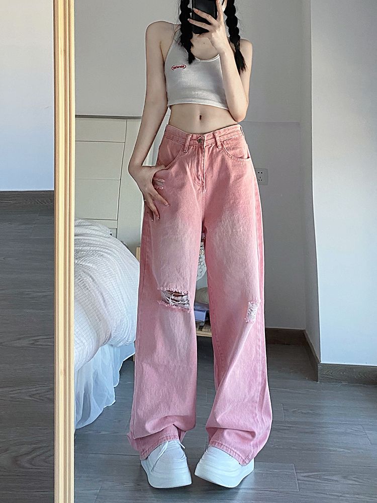 ピンク ウォッシュ ダメージ デニム ジーンズ 韓国系 b5410 (デニム