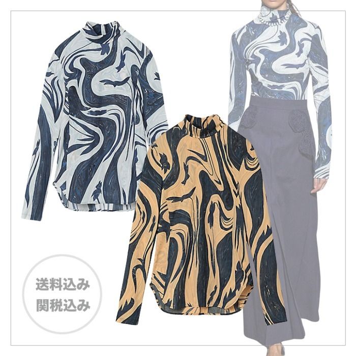 マメクロゴウチ】マーブルプリント ハイネック トップ (Mame