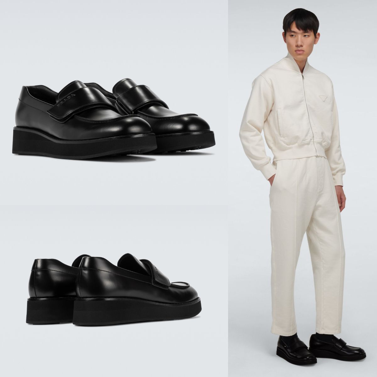 新作*PRADA*ベルト付 ブラッシュ レザーローファー ブラック (PRADA