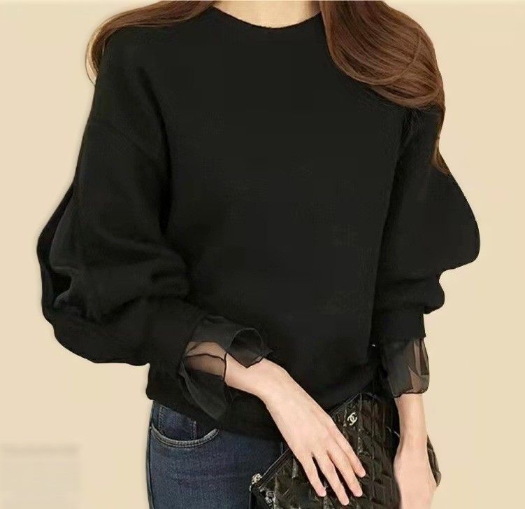 袖シフォン ラウンドネック トップス シンプル 無地 きれいめ 黒 (T