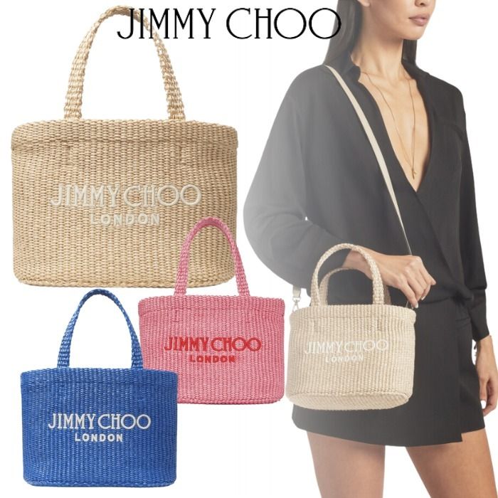 最終値下げ】ジミーチュウ ロゴ刺繍ラフィア ショルダー かごバッグ