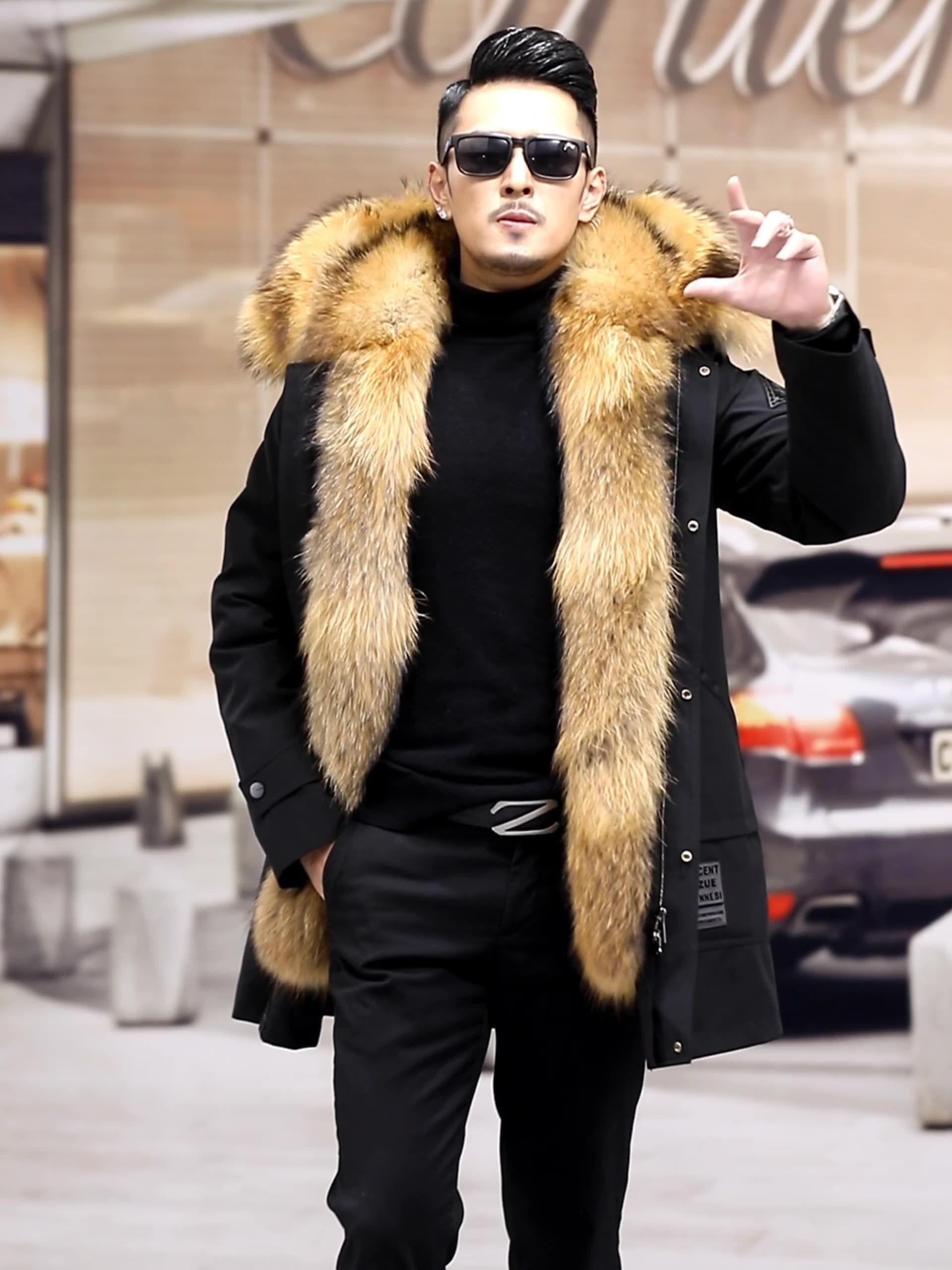 5色 選べる2丈 ラクーンファー ファーコート フード付 メンズ 7