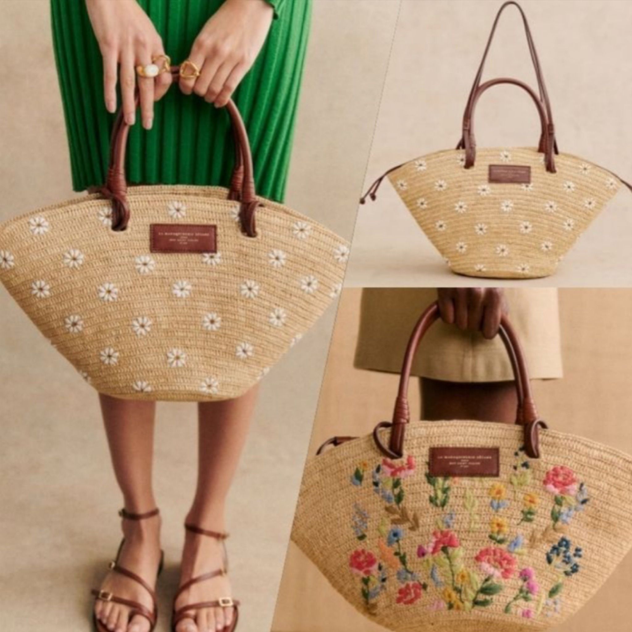 セザンヌ 可愛い 手編込み 2way ラフィア 花柄刺繍 カゴバック (SEZANE