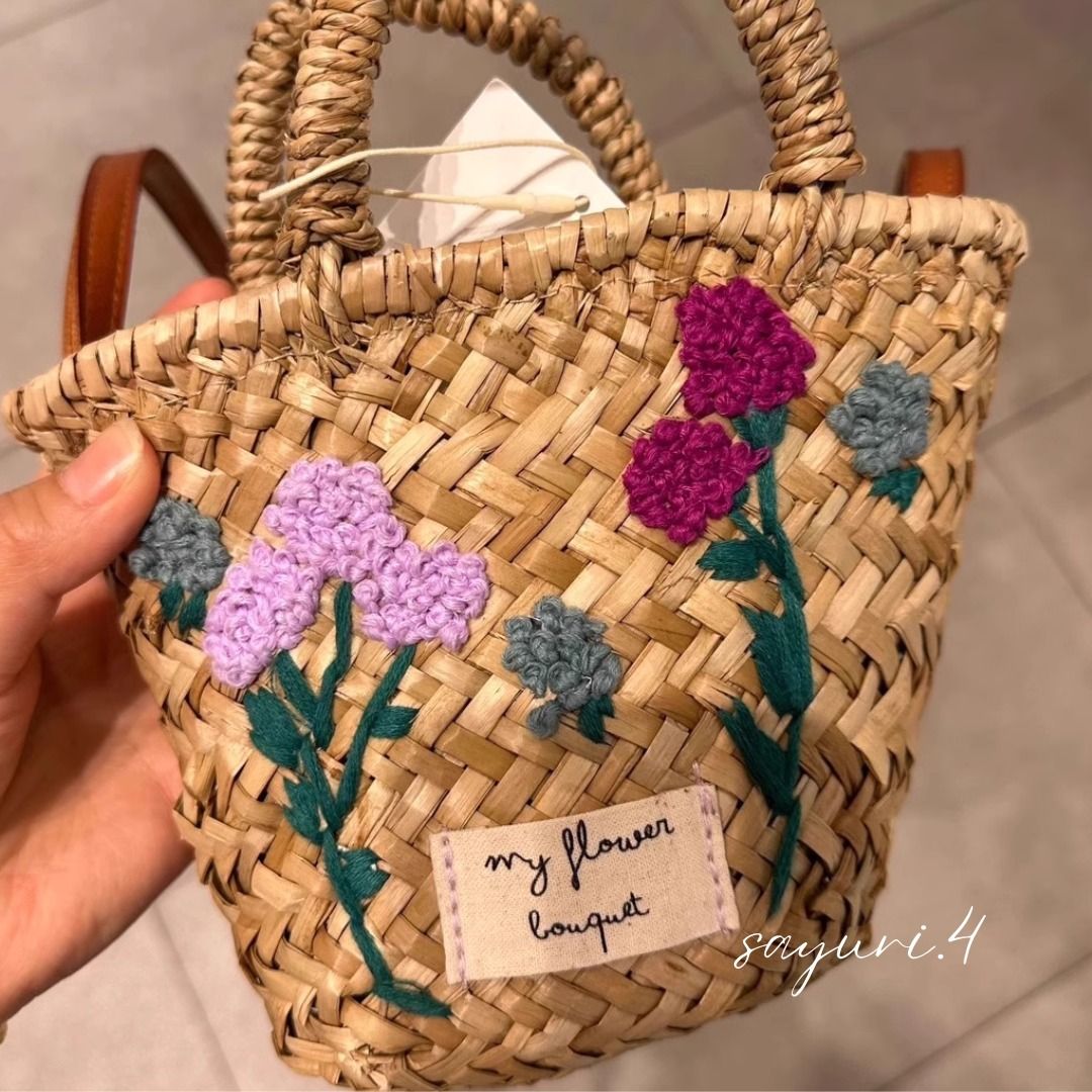 花柄 刺繍 かごバッグ ハンドバッグ ショルダーバッグ (かごバッグ