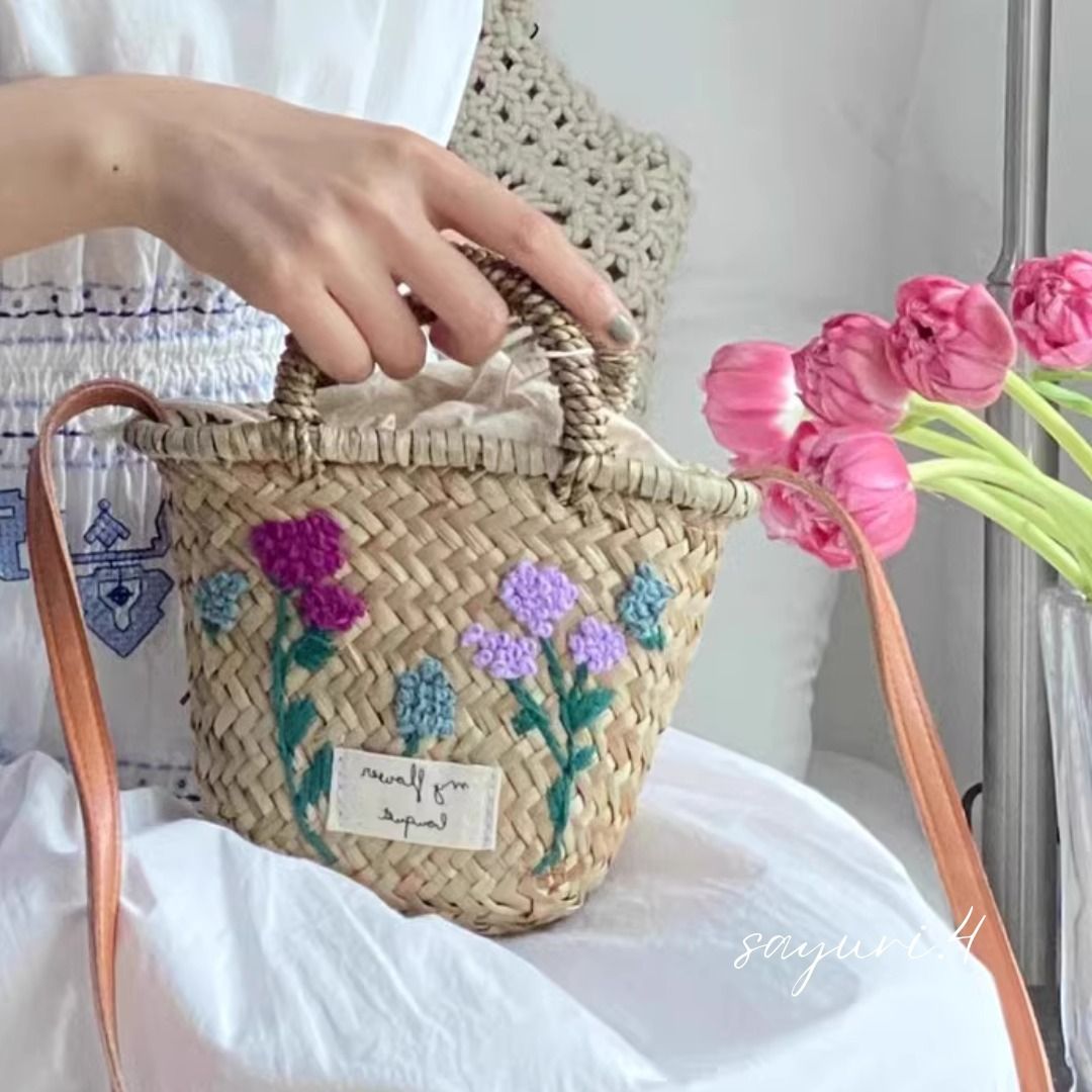 花柄 刺繍 かごバッグ ハンドバッグ ショルダーバッグ (かごバッグ