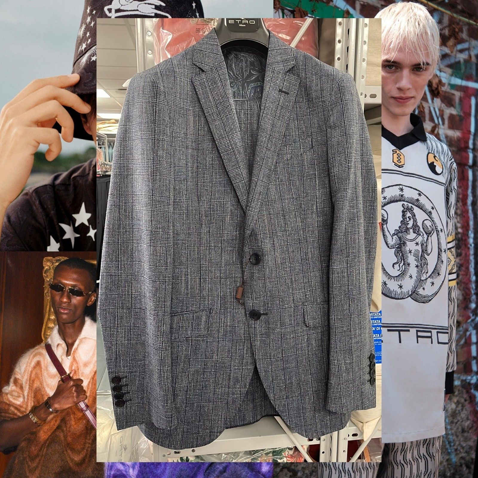 関税込 品格ある エトロ スーツ グレンチェック ダークグレイ (ETRO