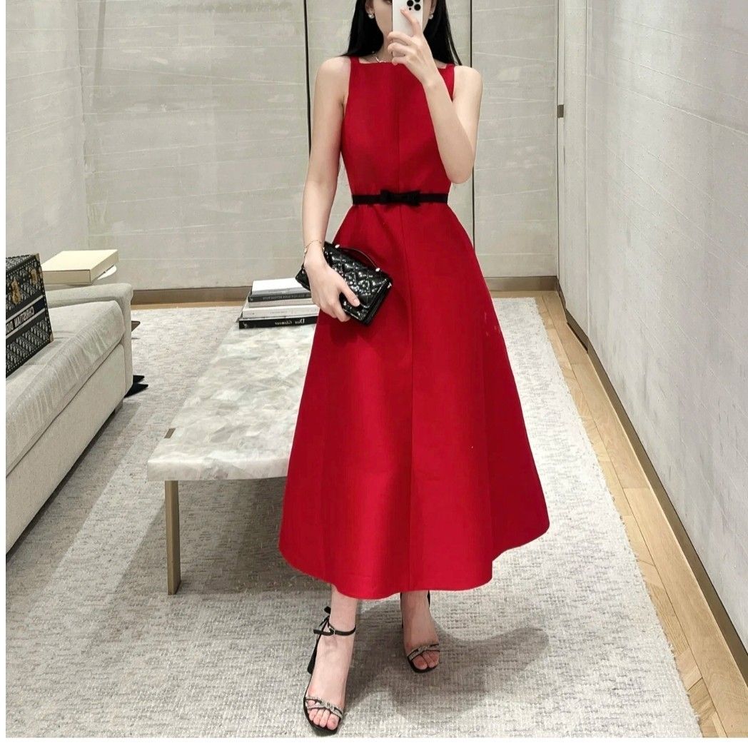 Dior《ベルト付きミディドレス》レッド ウール/シルク DHL 直営 (Dior