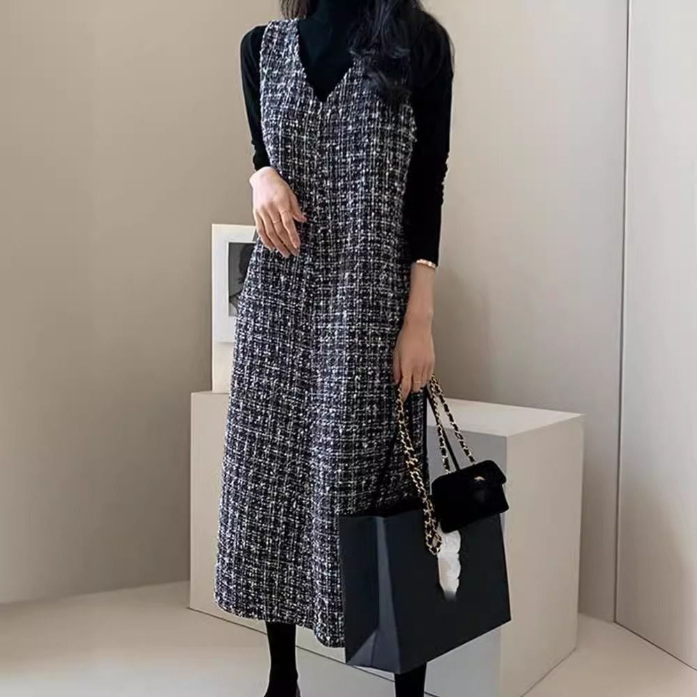 Vネック ツイード ワンピース ノースリーブ ロング きれいめ 黒