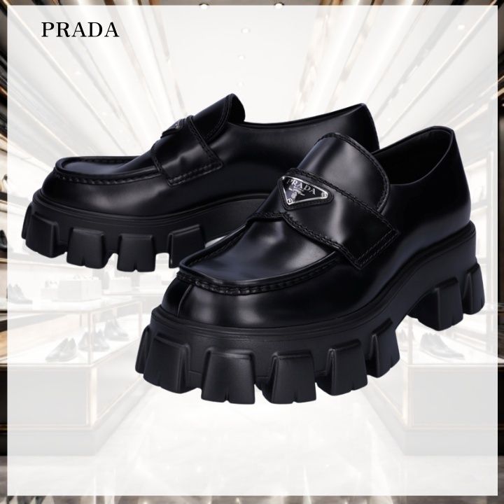PRADA】モノリス三角ロゴレザーローファー 厚底ローファー (PRADA