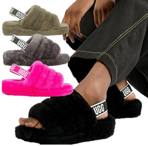 UGG(アグ) もこもこファー ロゴテープ ストラップ サンダル (UGG