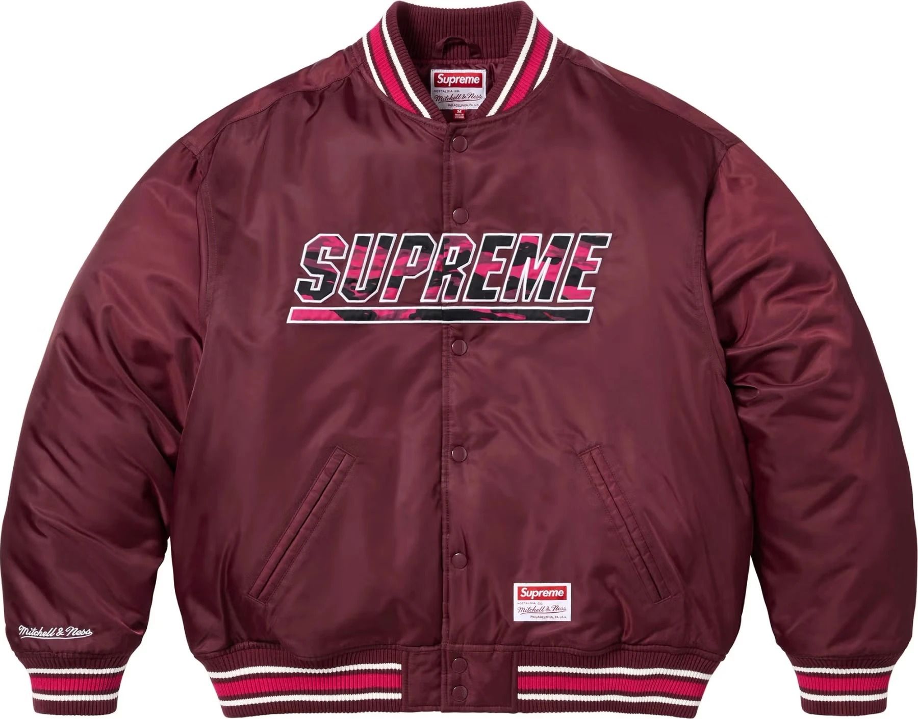 SS25 Supreme Mitchell & Ness Camo Logo Varsity Jacket (Supreme