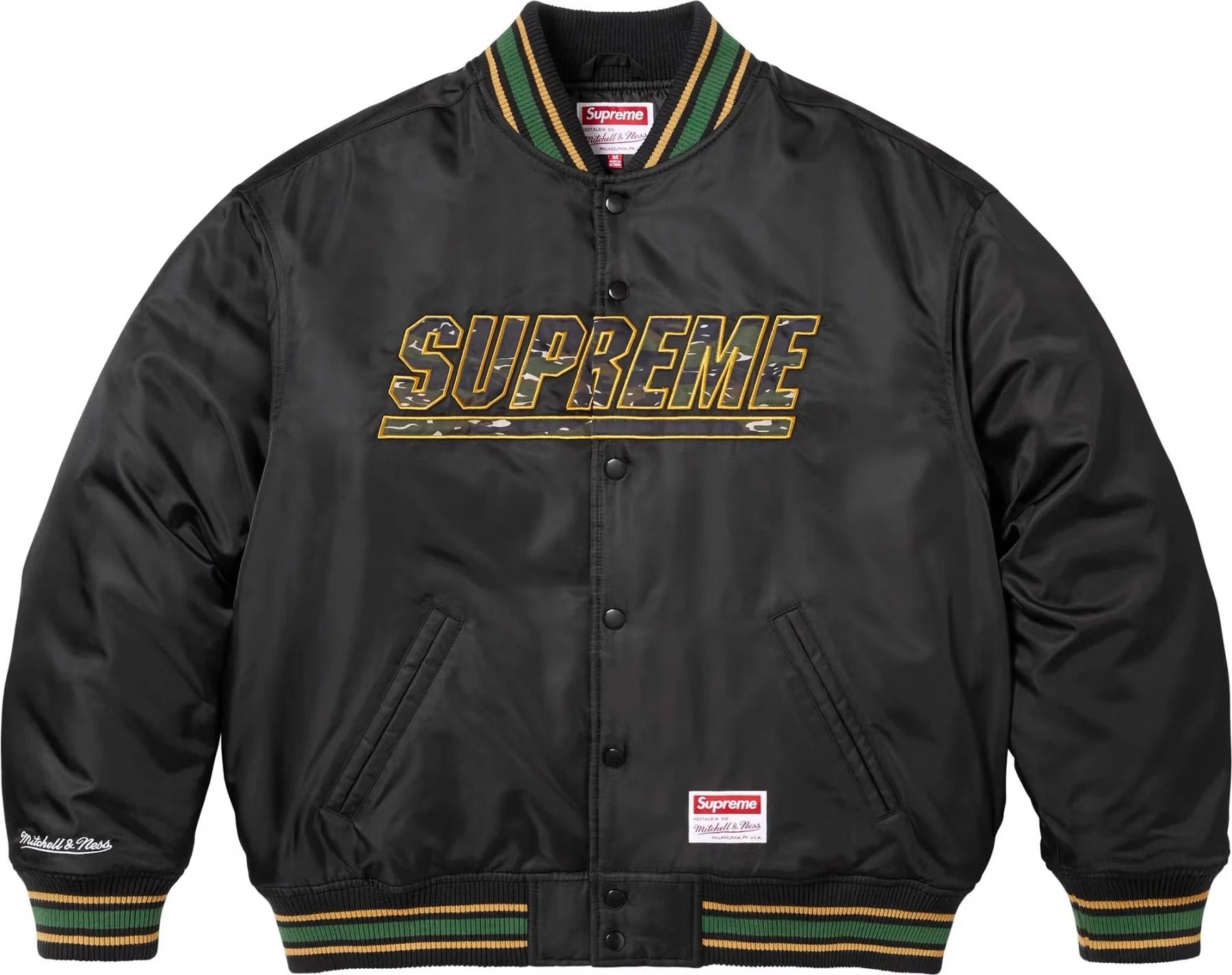 SS25 Supreme Mitchell & Ness Camo Logo Varsity Jacket (Supreme