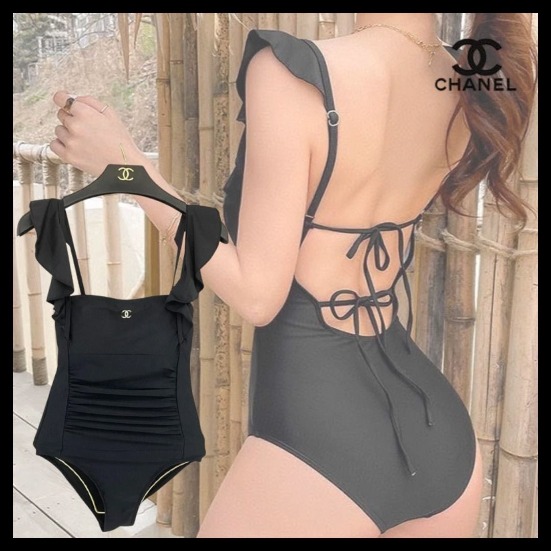 フリルが可愛い♪【CHANEL】 スイムウェア 水着 ブラック ロゴ (CHANEL