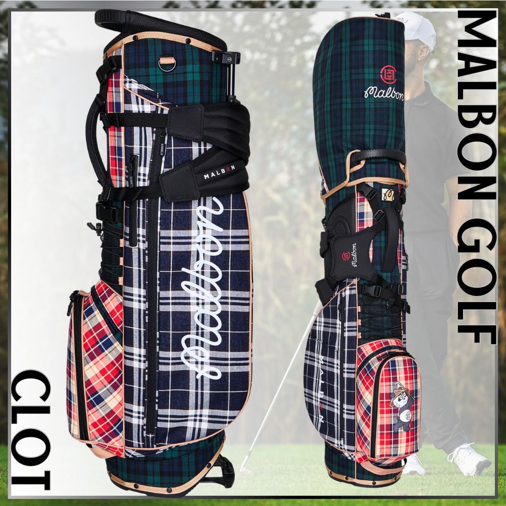 コラボ刺繍が際立つ【Malbon × CLOT】チェック柄 ゴルフバッグ (Malbon