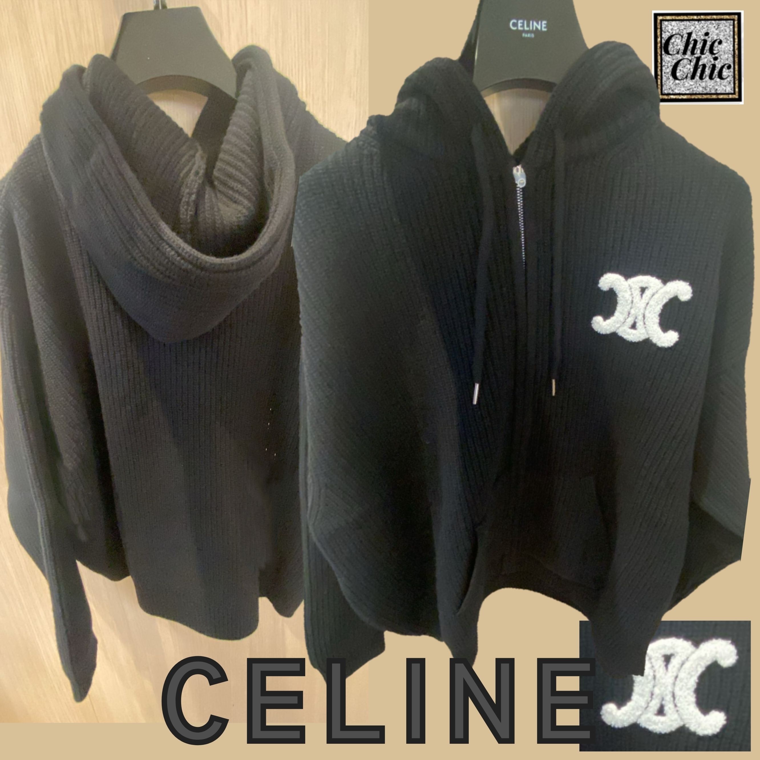 CELINE 】トリオンフ フード付き セーター リブ編みウール (CELINE