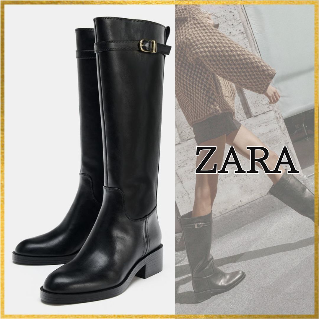 ZARA｜ロングブーツ ブラック 乗馬風デザイン バックル付き (ZARA