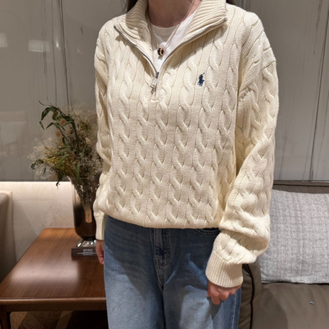 POLO】ウィメンズ コットン ケーブル編み ハーフジップニット (POLO