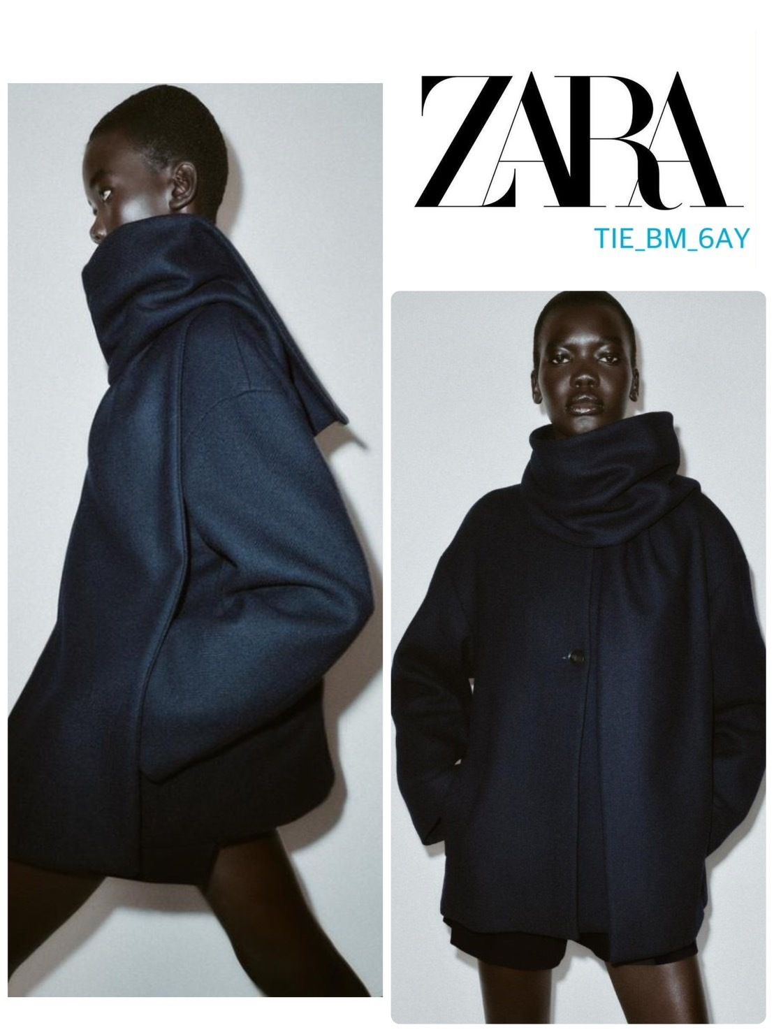 ZARA ウールのショートコートとスカーフ マリン 上品カジュアル (ZARA