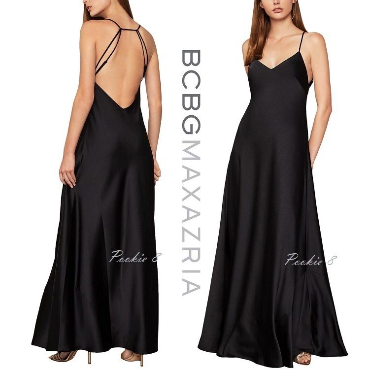 bcbgmaxazria サテン ストラップ黒ロングドレス背中開ワンピース (BCBG