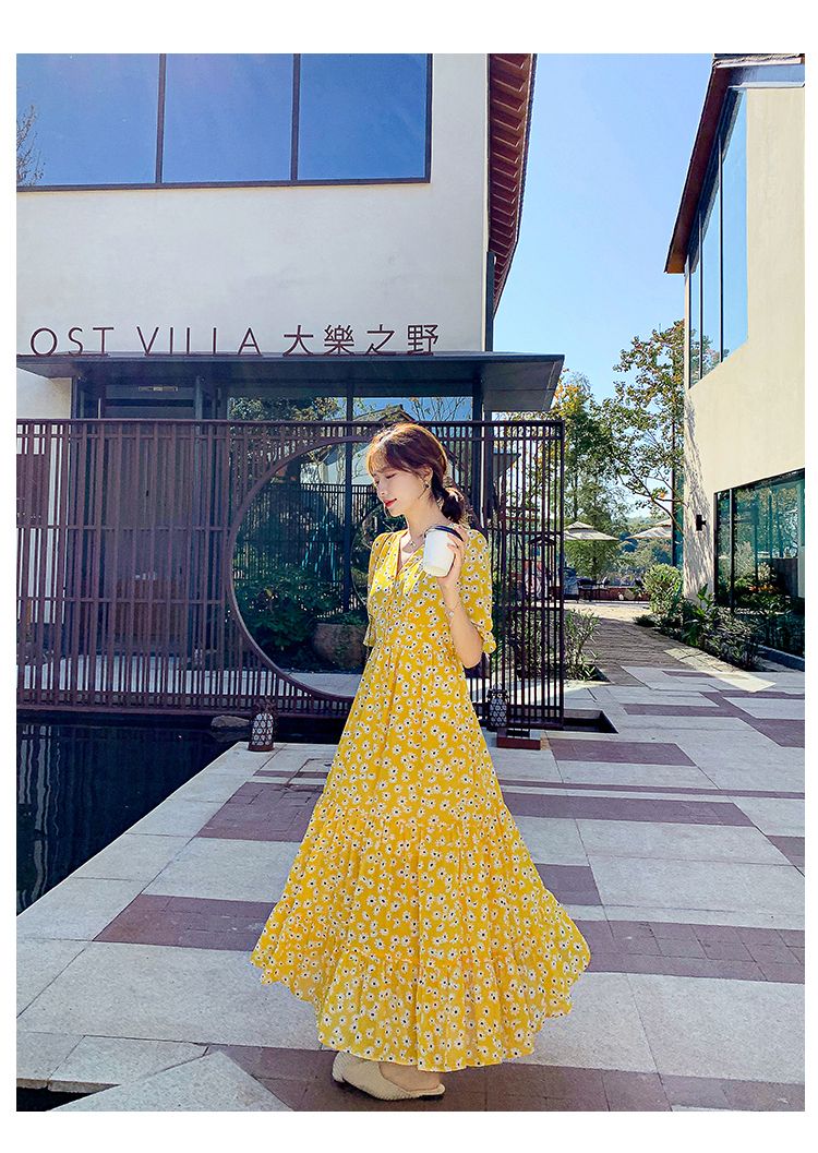 ◇サマーワンピース 花柄 イエロー Vネック シフォン 韓国 (ワンピース