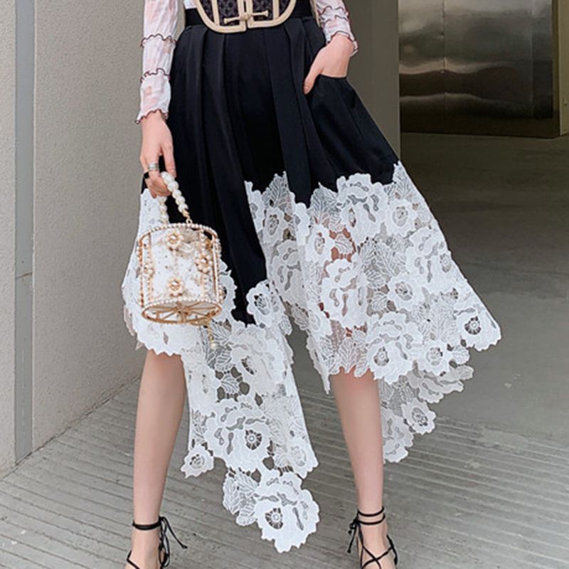 アシンメトリー ロング レーススカート ブラック (スカート) 69082591