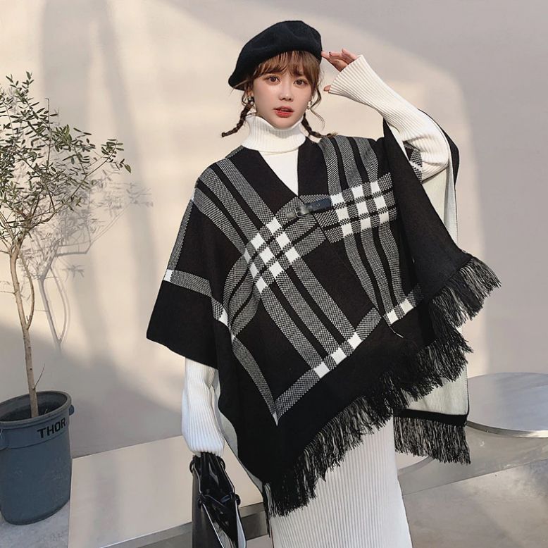 ストール フリンジ ニット ポンチョ トップス チェック (ニット