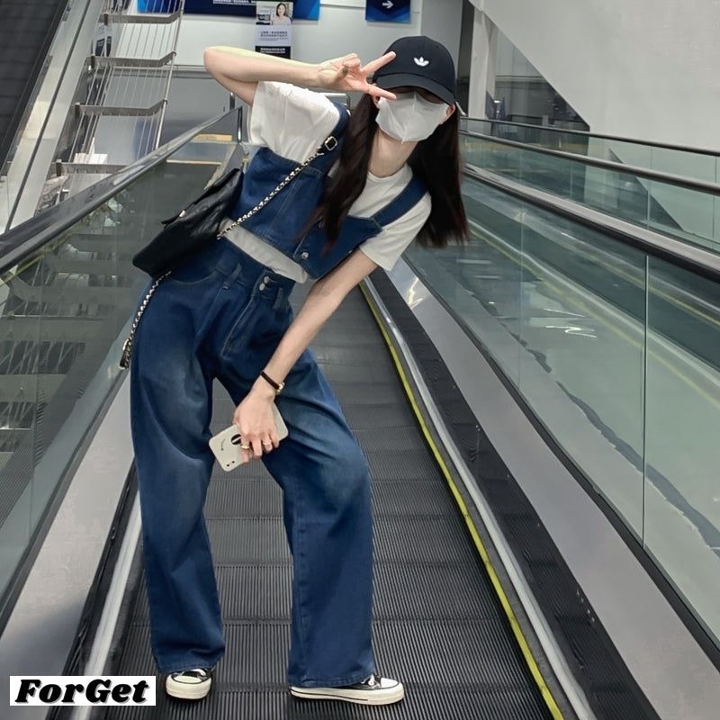 上下2点セット デニム ベスト付き ハイウエスト ブルーデニム