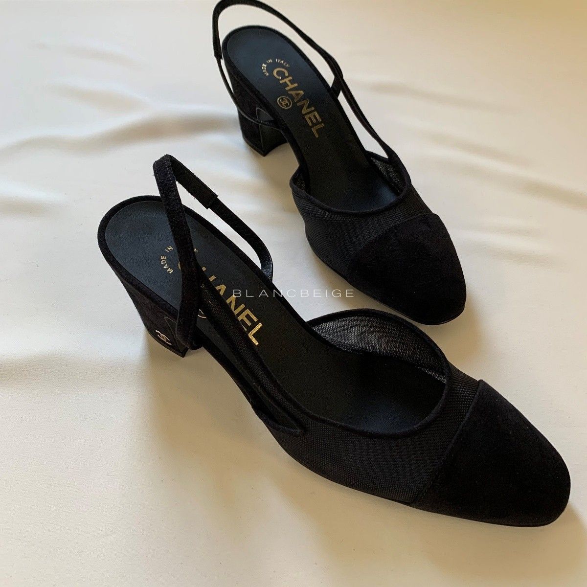 CHANEL CCロゴ メッシュスエード スリングバックシューズ G31318